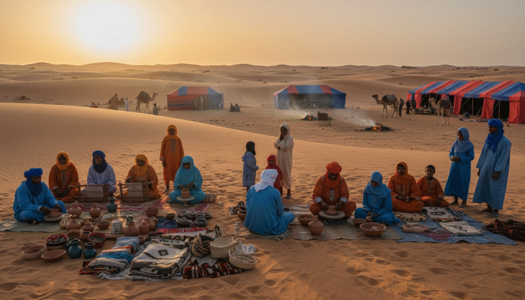 In the foreground, a group of culturally attired Berber men and women engage in traditional activities, showcasing intricate artisan crafts like pottery and weaving, dressed in colorful, modest garments. In the middle ground, a picturesque view of the rustic Saharan dunes is highlighted, dotted with tents that reflect a vibrant nomadic lifestyle. In the background, the sun begins to set, casting a warm, golden hue over the landscape, with shadows accentuating the rolling sands. The scene captures the essence of community and cultural pride, with soft, diffused lighting for an inviting atmosphere. A wide-angle lens perspective highlights the vastness of the Sahara while drawing focus to the lively interactions of the people, evoking a sense of warmth and connection to the rich heritage of this iconic region. In the foreground, a group of culturally attired Berber men and women engage in traditional activities, showcasing intricate artisan crafts like pottery and weaving, dressed in colorful, modest garments. In the middle ground, a picturesque view of the rustic Saharan dunes is highlighted, dotted with tents that reflect a vibrant nomadic lifestyle. In the background, the sun begins to set, casting a warm, golden hue over the landscape, with shadows accentuating the rolling sands. The scene captures the essence of community and cultural pride, with soft, diffused lighting for an inviting atmosphere. A wide-angle lens perspective highlights the vastness of the Sahara while drawing focus to the lively interactions of the people, evoking a sense of warmth and connection to the rich heritage of this iconic region.
