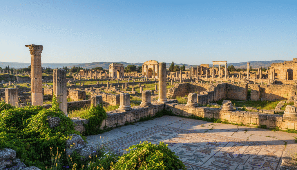 Roman ruins at Volubilis during a vibrant summer day, showcasing ancient stone columns and intricate mosaics in the foreground, partially covered in lush green vegetation. In the middle ground, a panoramic view of the sprawling ruins, with the remnants of ancient temples and archways against a clear blue sky. The background features distant hills with a warm, golden hue as the sun casts soft shadows across the site. The light is bright, invoking a sense of warmth and history, invoking tranquility and wonder. The atmosphere is serene, inviting viewers to imagine exploring the rich history of Morocco. The angle captures the expansive layout of the ruins, emphasizing the majestic scale and architectural beauty. Roman ruins at Volubilis during a vibrant summer day, showcasing ancient stone columns and intricate mosaics in the foreground, partially covered in lush green vegetation. In the middle ground, a panoramic view of the sprawling ruins, with the remnants of ancient temples and archways against a clear blue sky. The background features distant hills with a warm, golden hue as the sun casts soft shadows across the site. The light is bright, invoking a sense of warmth and history, invoking tranquility and wonder. The atmosphere is serene, inviting viewers to imagine exploring the rich history of Morocco. The angle captures the expansive layout of the ruins, emphasizing the majestic scale and architectural beauty.